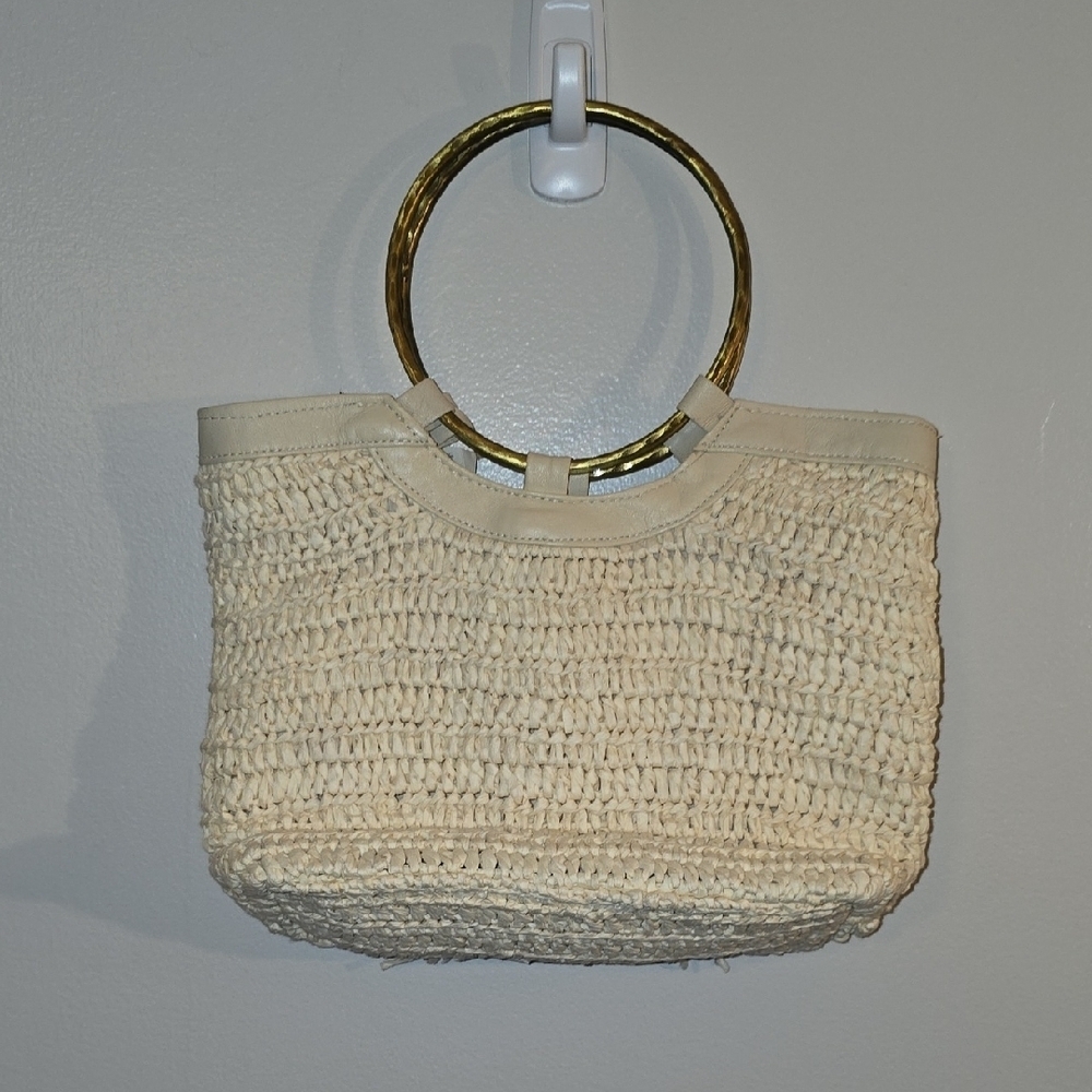 Anthropologie Beige Textured Tote with Gold Ring Handles NWT LOT-Q - Picture 6 of 11